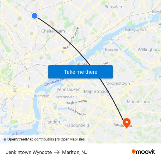 Jenkintown Wyncote to Marlton, NJ map