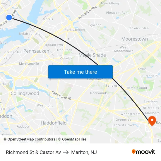 Richmond St & Castor Av to Marlton, NJ map