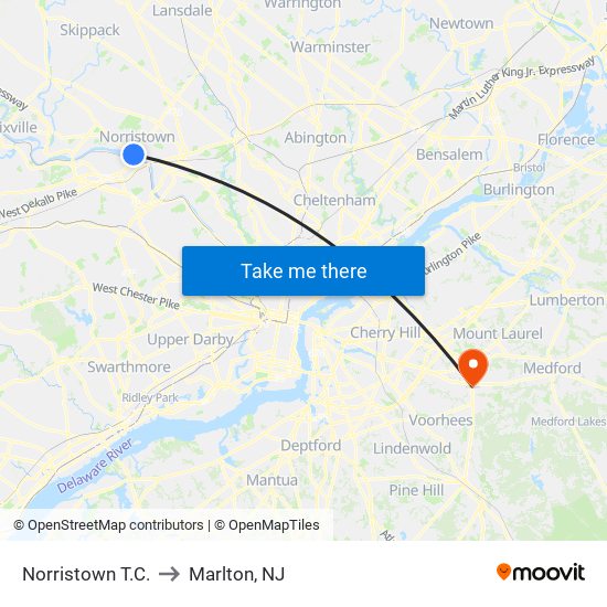 Norristown T.C. to Marlton, NJ map