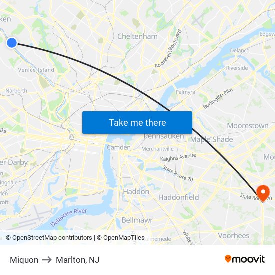 Miquon to Marlton, NJ map