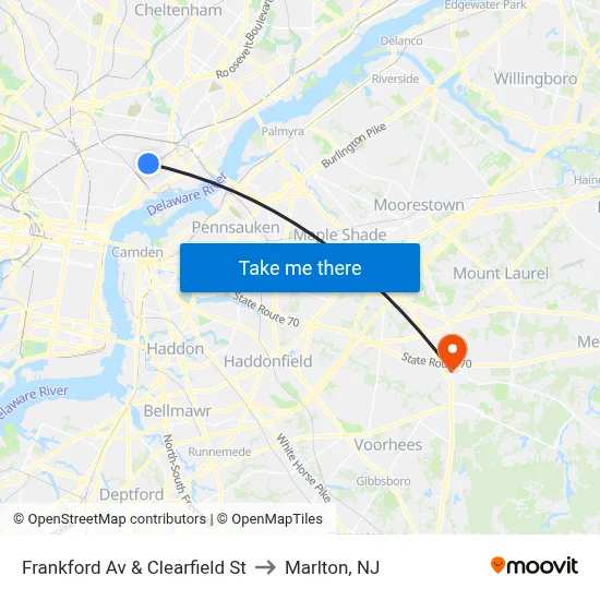 Frankford Av & Clearfield St to Marlton, NJ map