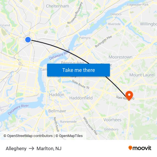 Allegheny to Marlton, NJ map