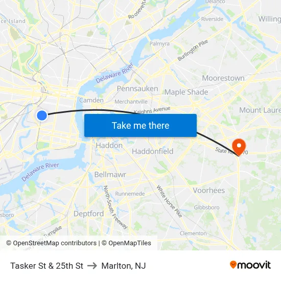 Tasker St & 25th St to Marlton, NJ map