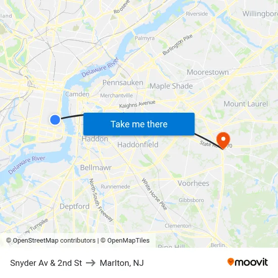 Snyder Av & 2nd St to Marlton, NJ map