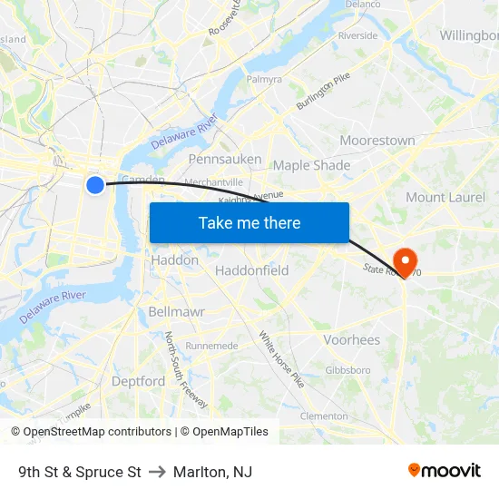 9th St & Spruce St to Marlton, NJ map