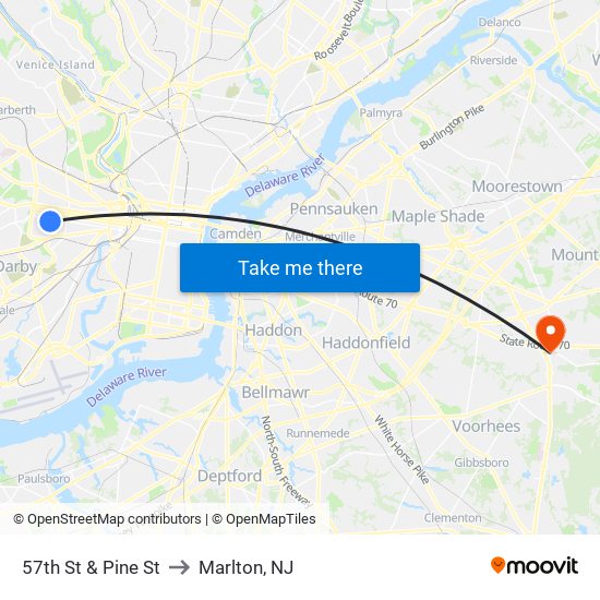 57th St & Pine St to Marlton, NJ map