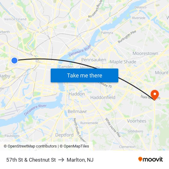 57th St & Chestnut St to Marlton, NJ map