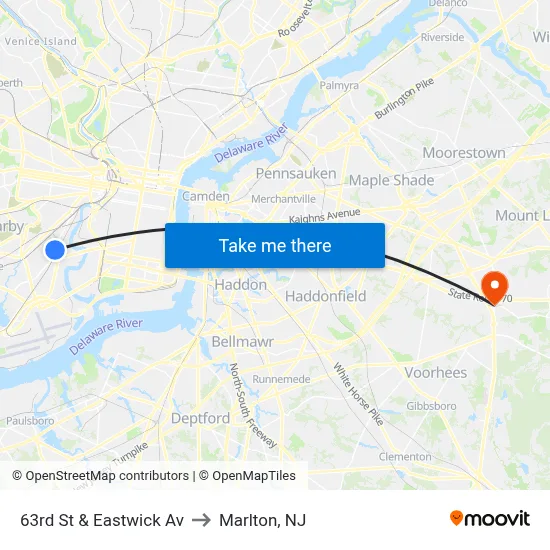 63rd St & Eastwick Av to Marlton, NJ map