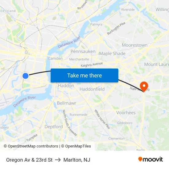 Oregon Av & 23rd St to Marlton, NJ map