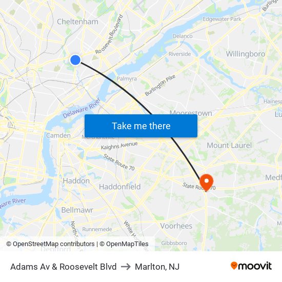 Adams Av & Roosevelt Blvd to Marlton, NJ map