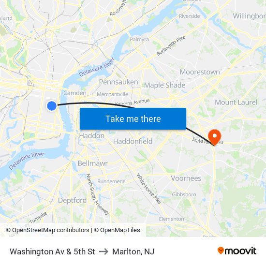 Washington Av & 5th St to Marlton, NJ map