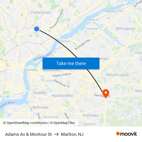 Adams Av & Montour St to Marlton, NJ map