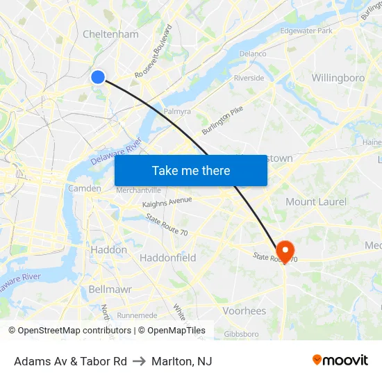 Adams Av & Tabor Rd to Marlton, NJ map