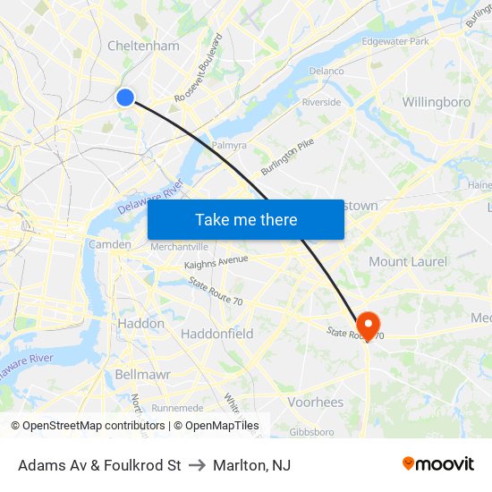 Adams Av & Foulkrod St to Marlton, NJ map