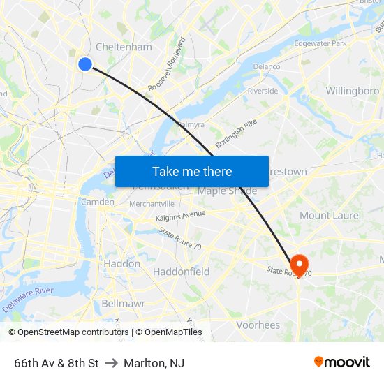 66th Av & 8th St to Marlton, NJ map