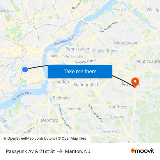 Passyunk Av & 21st St to Marlton, NJ map