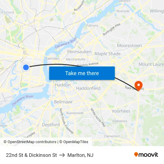 22nd St & Dickinson St to Marlton, NJ map