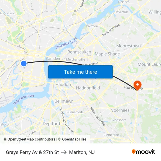 Grays Ferry Av & 27th St to Marlton, NJ map