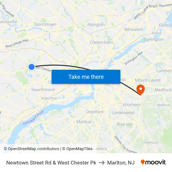 Newtown Street Rd & West Chester Pk to Marlton, NJ map
