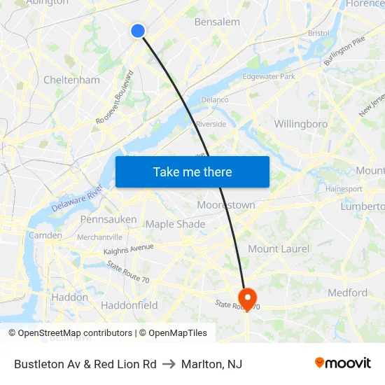 Bustleton Av & Red Lion Rd to Marlton, NJ map