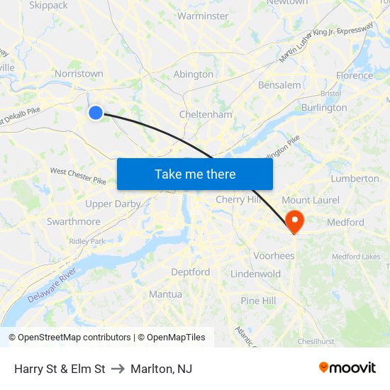 Harry St & Elm St to Marlton, NJ map