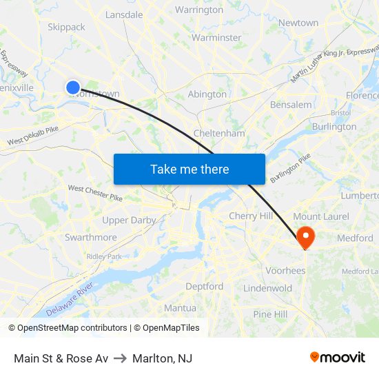 Main St & Rose Av to Marlton, NJ map