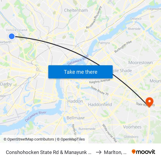 Conshohocken State Rd & Manayunk Rd to Marlton, NJ map