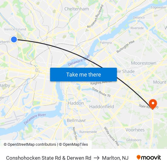 Conshohocken State Rd & Derwen Rd to Marlton, NJ map