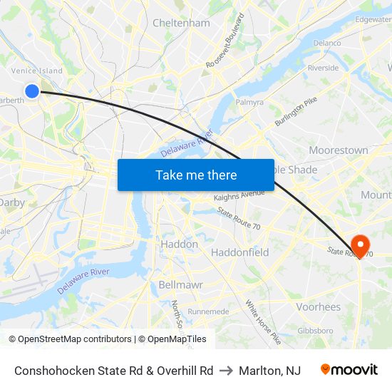 Conshohocken State Rd & Overhill Rd to Marlton, NJ map