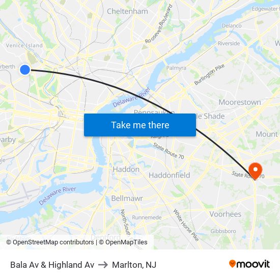 Bala Av & Highland Av to Marlton, NJ map