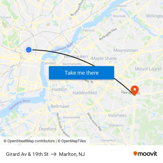 Girard Av & 19th St to Marlton, NJ map