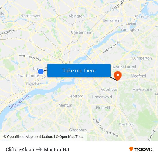 Clifton-Aldan to Marlton, NJ map