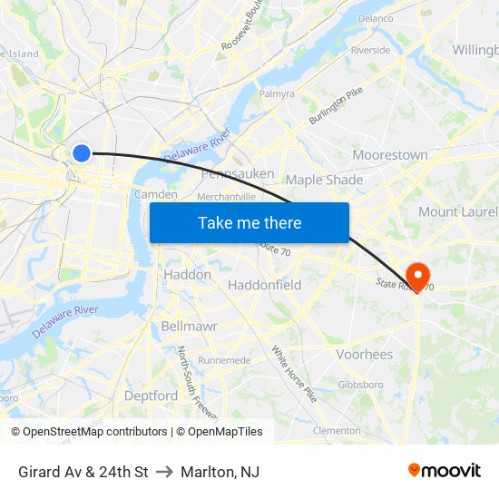 Girard Av & 24th St to Marlton, NJ map