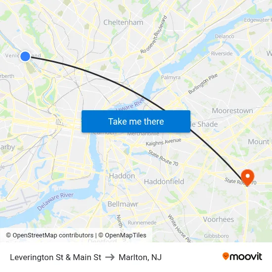 Leverington St & Main St to Marlton, NJ map