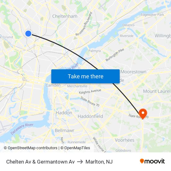 Chelten Av & Germantown Av to Marlton, NJ map