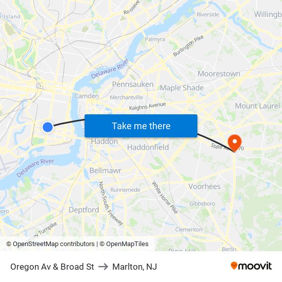 Oregon Av & Broad St to Marlton, NJ map