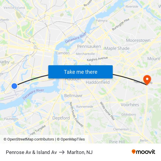 Penrose Av & Island Av to Marlton, NJ map