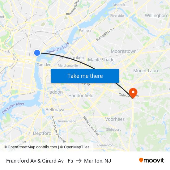 Frankford Av & Girard Av - Fs to Marlton, NJ map