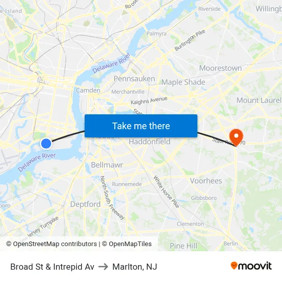 Broad St & Intrepid Av to Marlton, NJ map