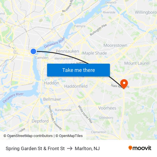 Spring Garden St & Front St to Marlton, NJ map