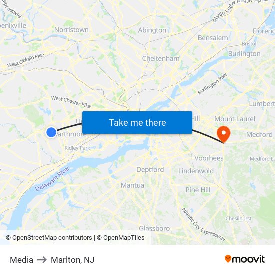 Media to Marlton, NJ map