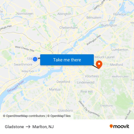 Gladstone to Marlton, NJ map
