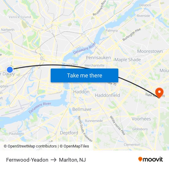 Fernwood-Yeadon to Marlton, NJ map
