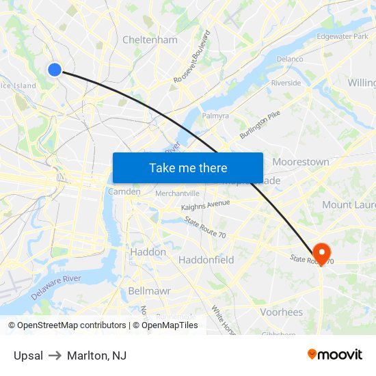 Upsal to Marlton, NJ map