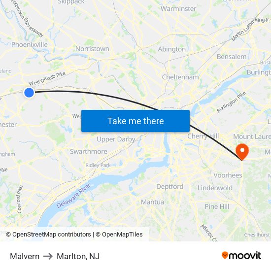 Malvern to Marlton, NJ map