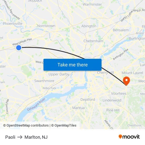 Paoli to Marlton, NJ map