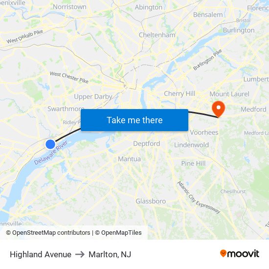 Highland Avenue to Marlton, NJ map