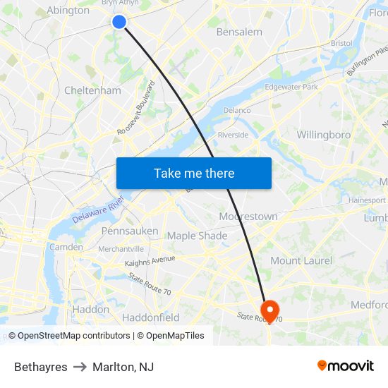 Bethayres to Marlton, NJ map