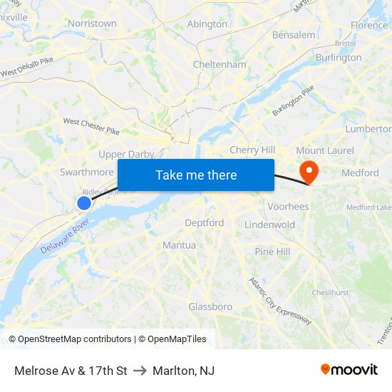 Melrose Av & 17th St to Marlton, NJ map