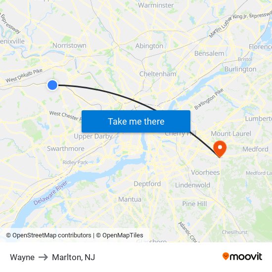 Wayne to Marlton, NJ map